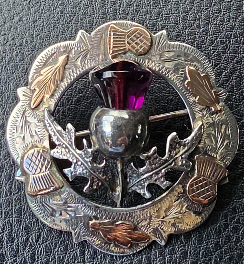 Vintage WBS Sterling Silver Scottish Thistle Brooch Purple Stone Gold Accents